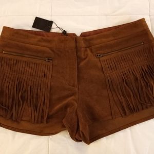 BCBG suede fringe shorts.